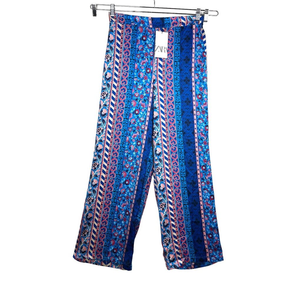 Zara multi color Tribal boho‎ satin effect wide leg pants festival sz L
